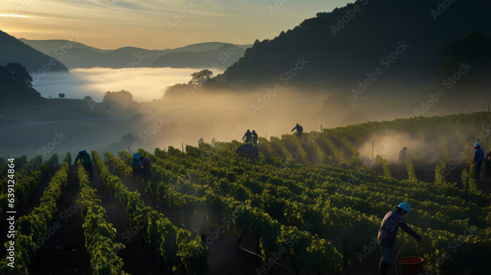 A beautiful vineyard in the fog with people working