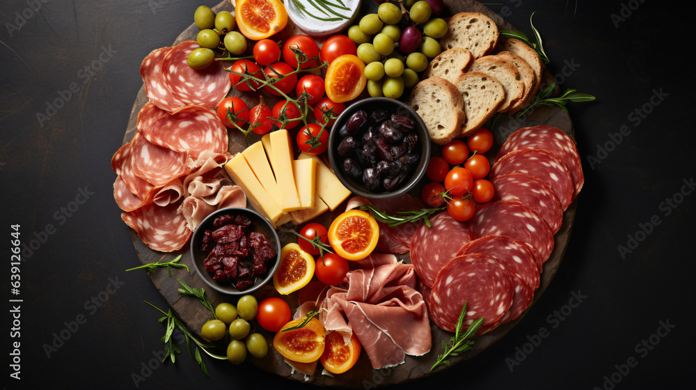 Antipasti plate ham salami croutons jam and cheese