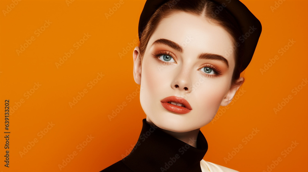 Beautiful model on an orange colored background