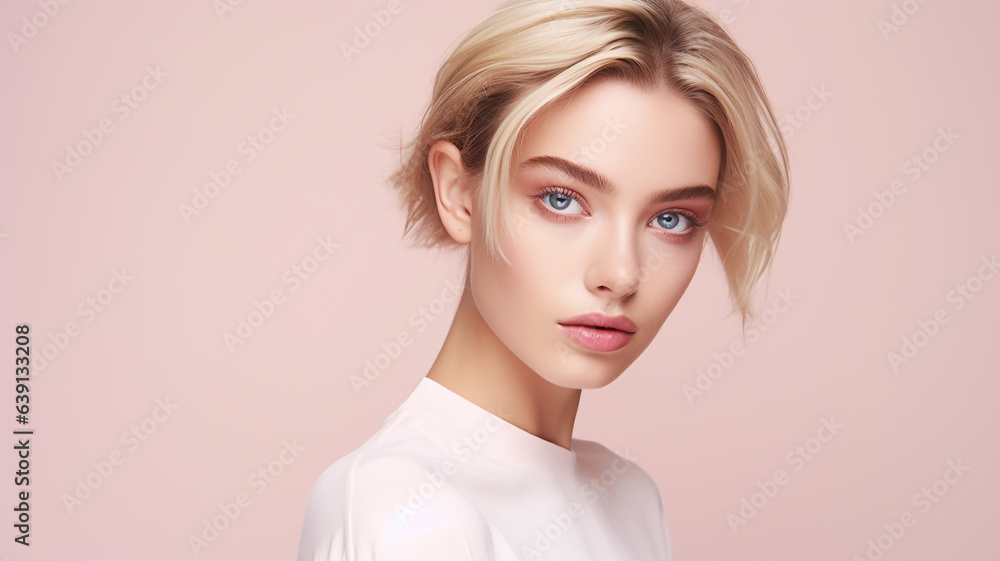 Beautiful young woman on a pink colored background