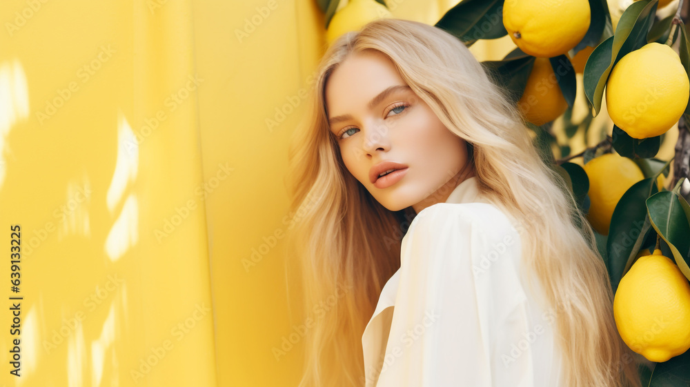 Elegant young woman with lemon tree