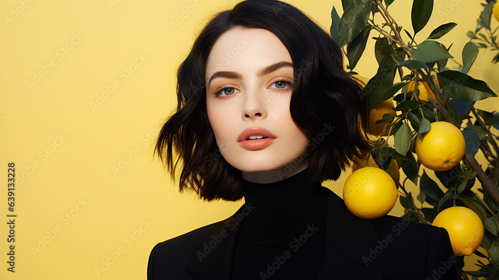 Elegant young woman with lemon tree