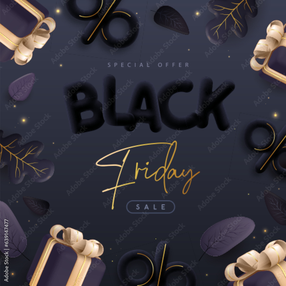 Black friday big sale poster with 3D black plastic letters, autumn leaves and gift box. Vector illus