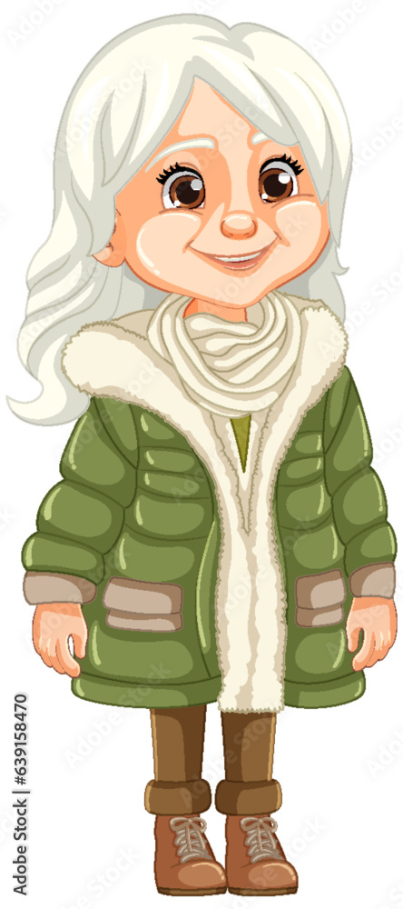 Elderly Woman in Beanie Hat and Parka Fur Jacket