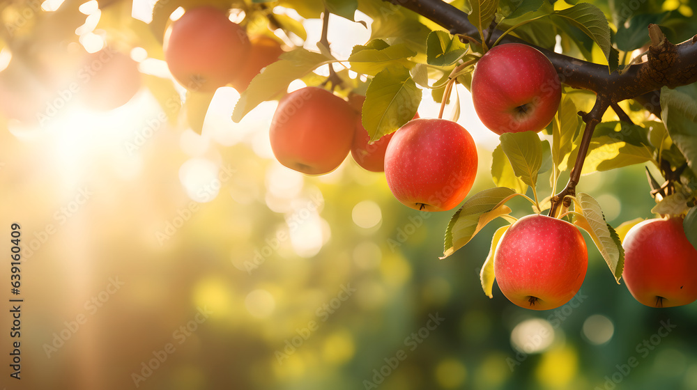 Close up of ripe apple fruit on apple tree with sunny rays in the background