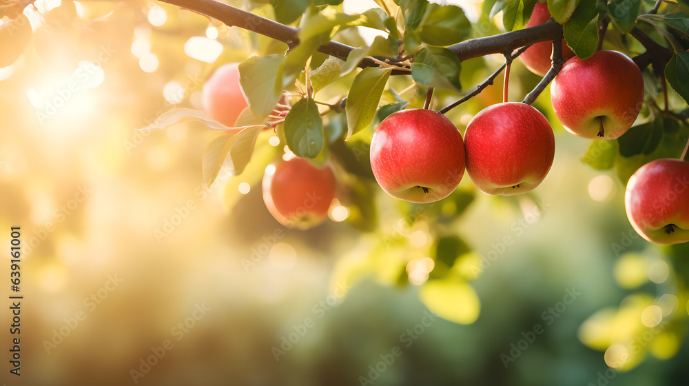 Close up of ripe apple fruit on apple tree with sunny rays in the background