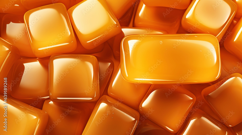 Tasty caramel candies with sauce background. Sweet texture. Generative AI