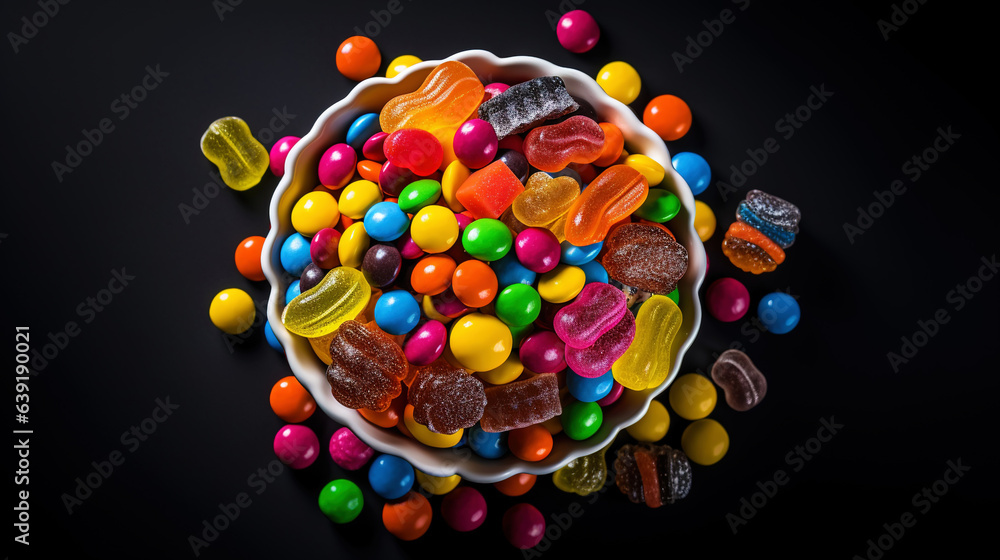 Top view on delicious multicolored candies on black rustic background. Generative AI