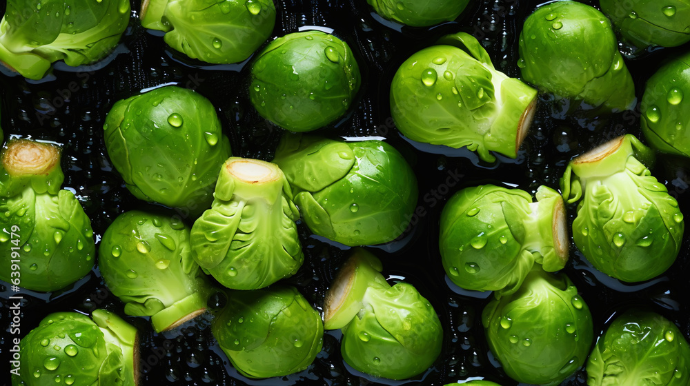 Fresh green brussels sprouts with water drops background. Vegetables backdrop. Generative AI