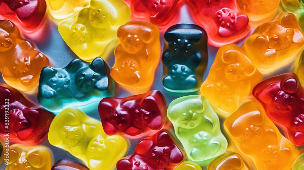 Gummy Jelly Bears Candies background. Sweet tasty backdrop. Generative AI