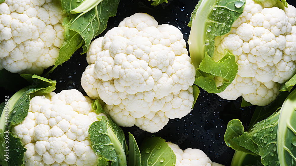 Fresh cauliflowers with water drops background. Vegetables backdrop. Generative AI