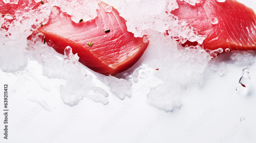 Slices of tuna fish on the ice cubes. Fresh fish fillet. Seafood background. Generative AI