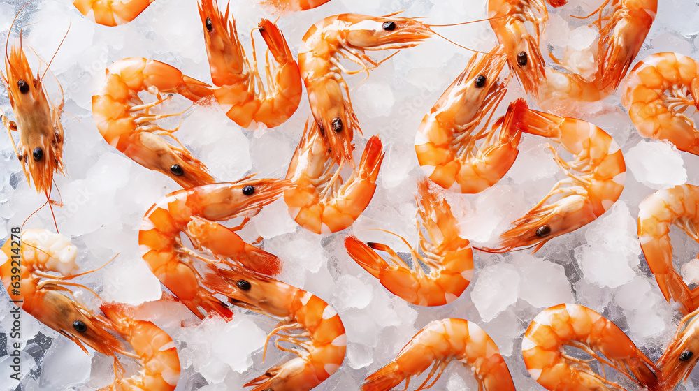 Top view of raw whole king prawns on ice. Seafood background. Generative AI