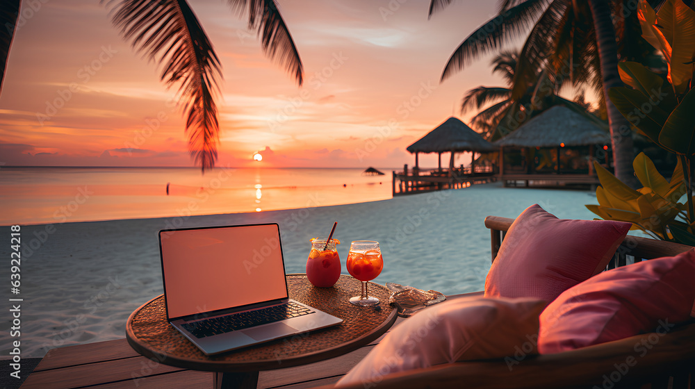 laptop with blank screen on the background of tropical sea and sunset.