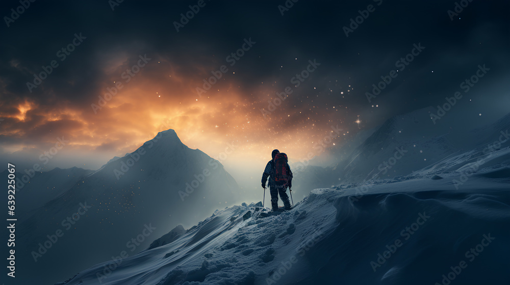 man in winter landscape with backpack