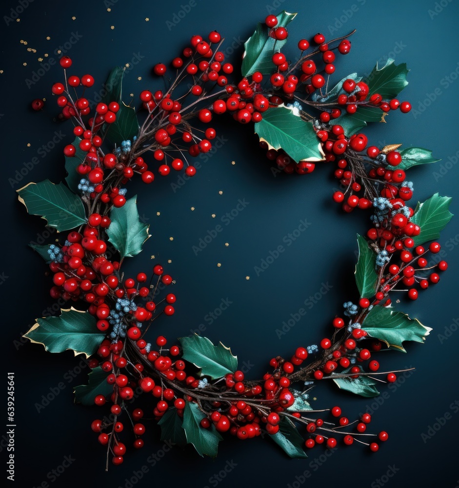 Holiday pine wreath on dark background