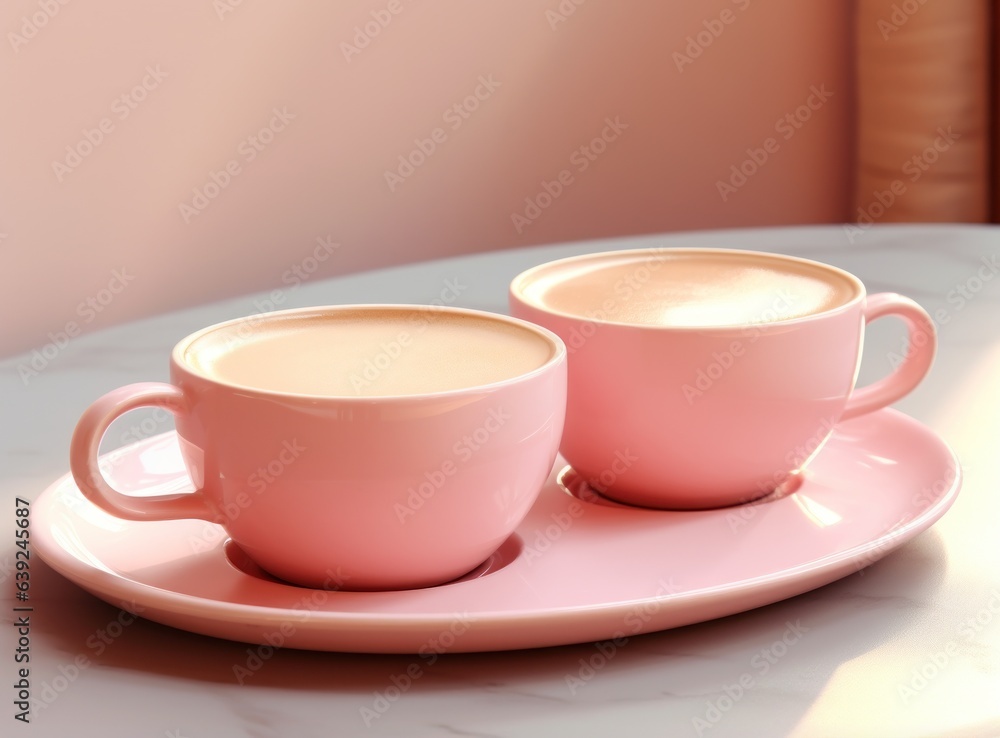 Pink pastel background with coffee cups