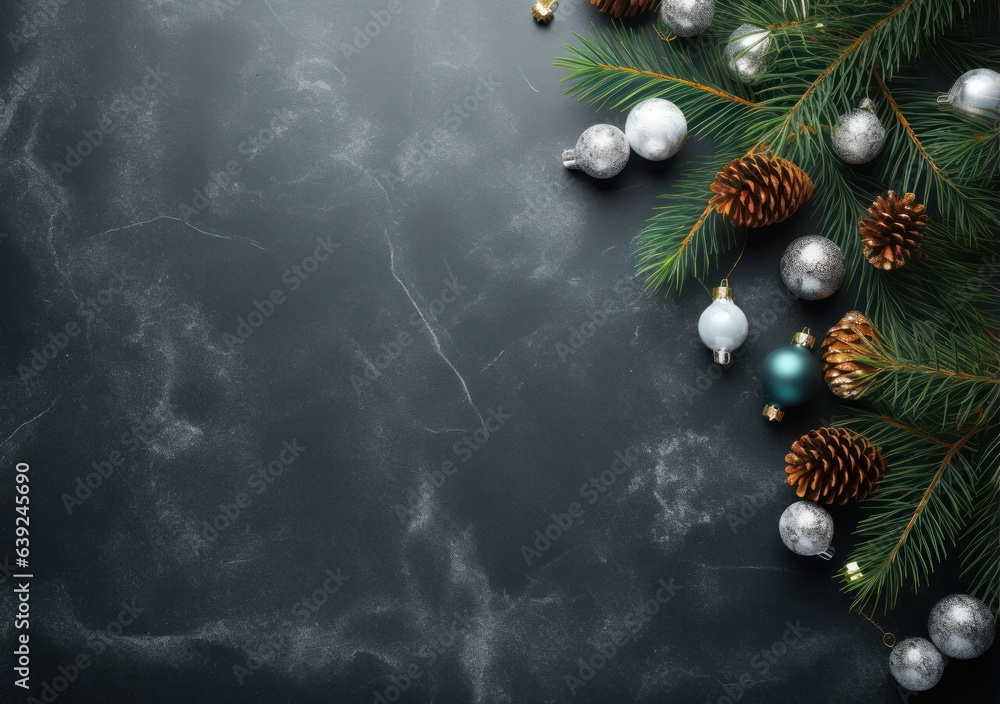 A snow background with christmas balls and cones