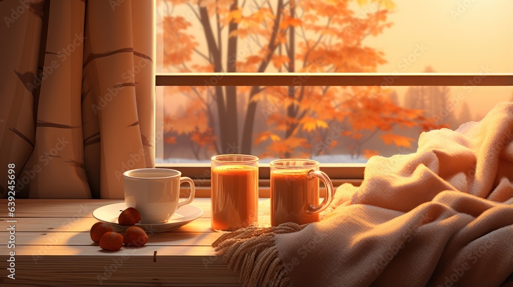 A view of a windowsill shows coffees and pumpkins on a sofa