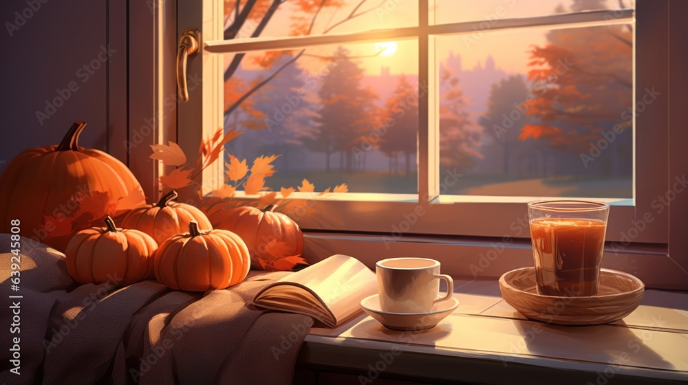 A view of a windowsill shows coffees and pumpkins on a sofa