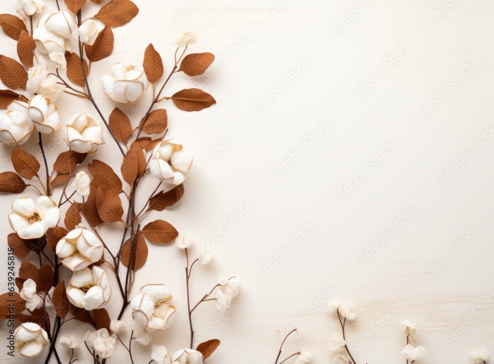 Cotton and leaves on white background flat lay style