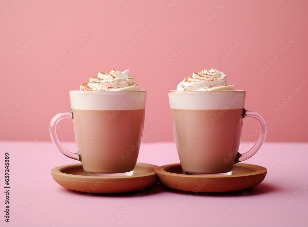 Pink pastel background with coffee cups