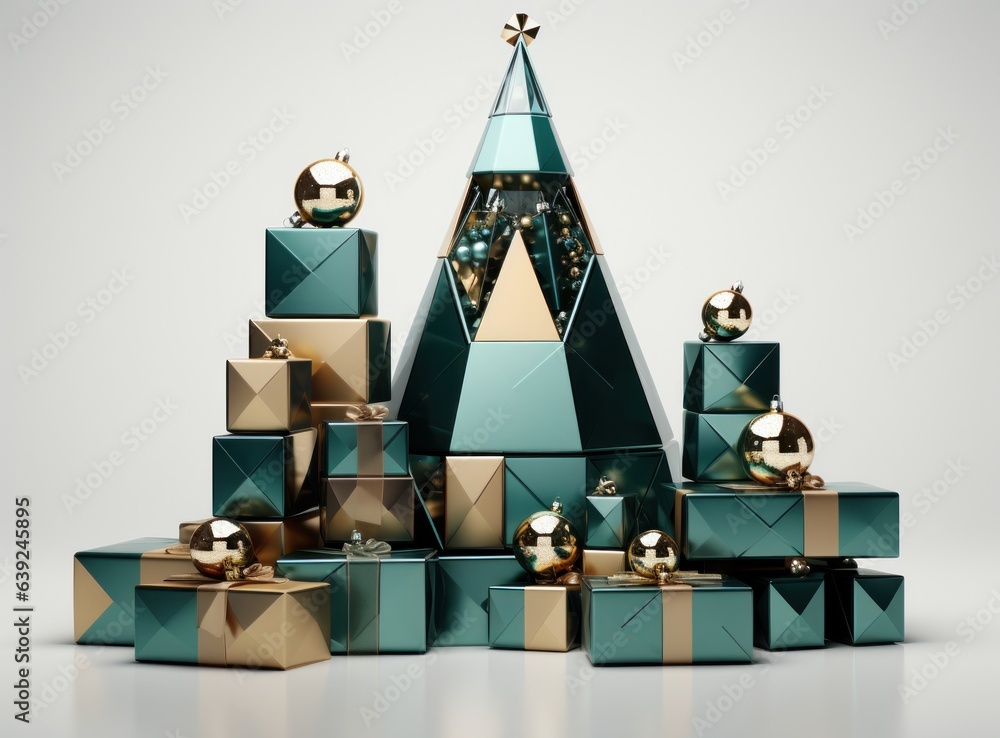 Christmas tree from green and gold gift boxes