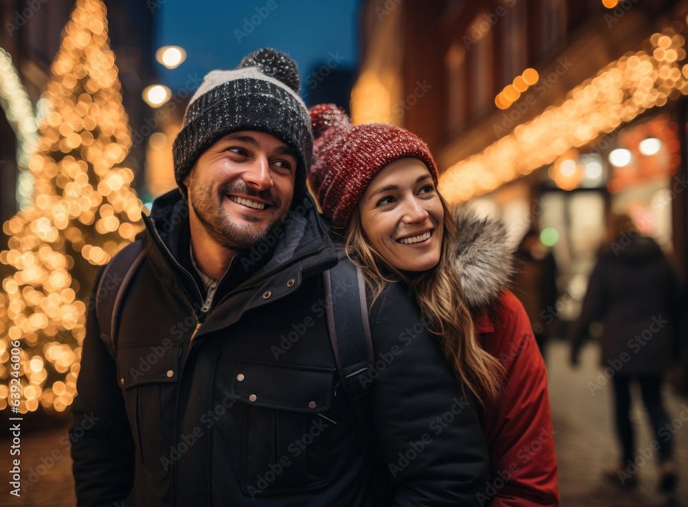 Happy couple on Christmas street