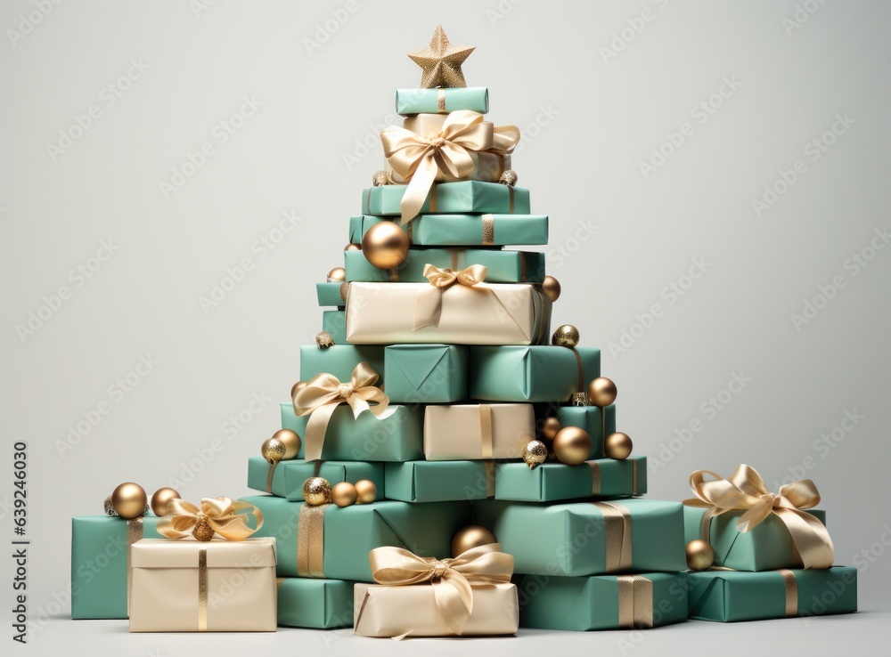 Christmas tree from green and gold gift boxes