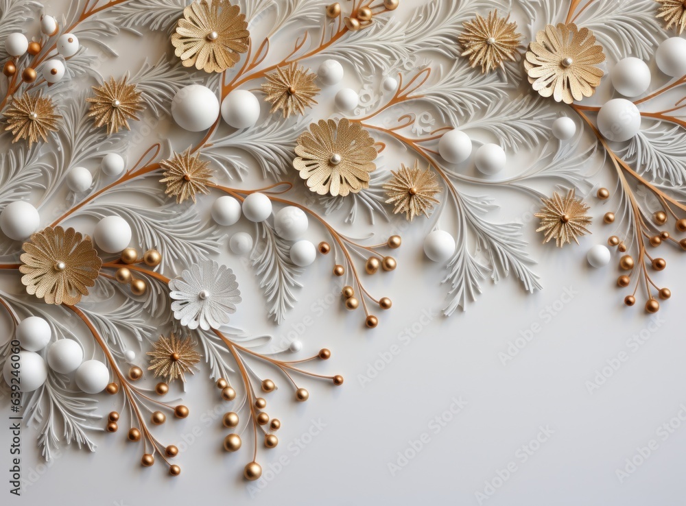 Spruce branches with gold and white ornaments on a white background