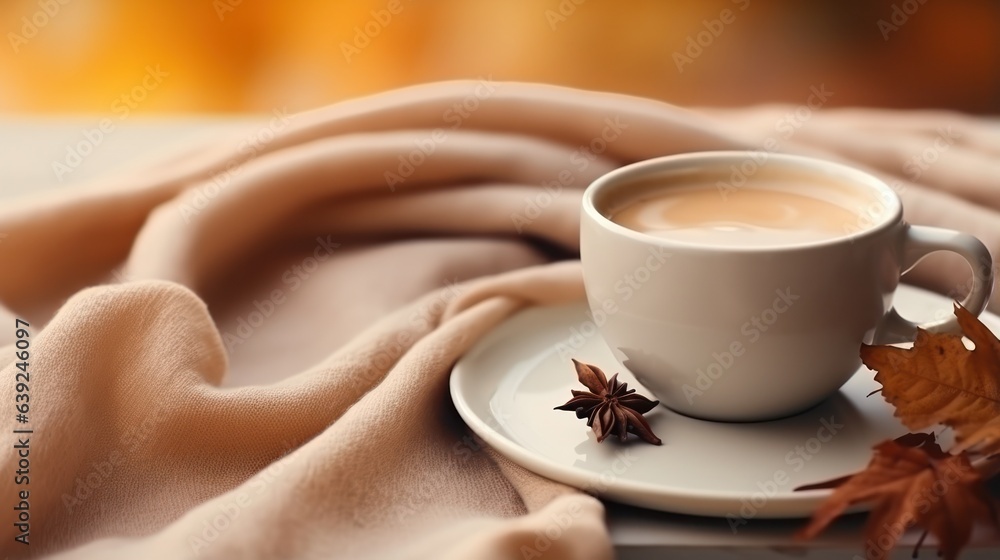 Autumn beige cozy background with cup of coffee