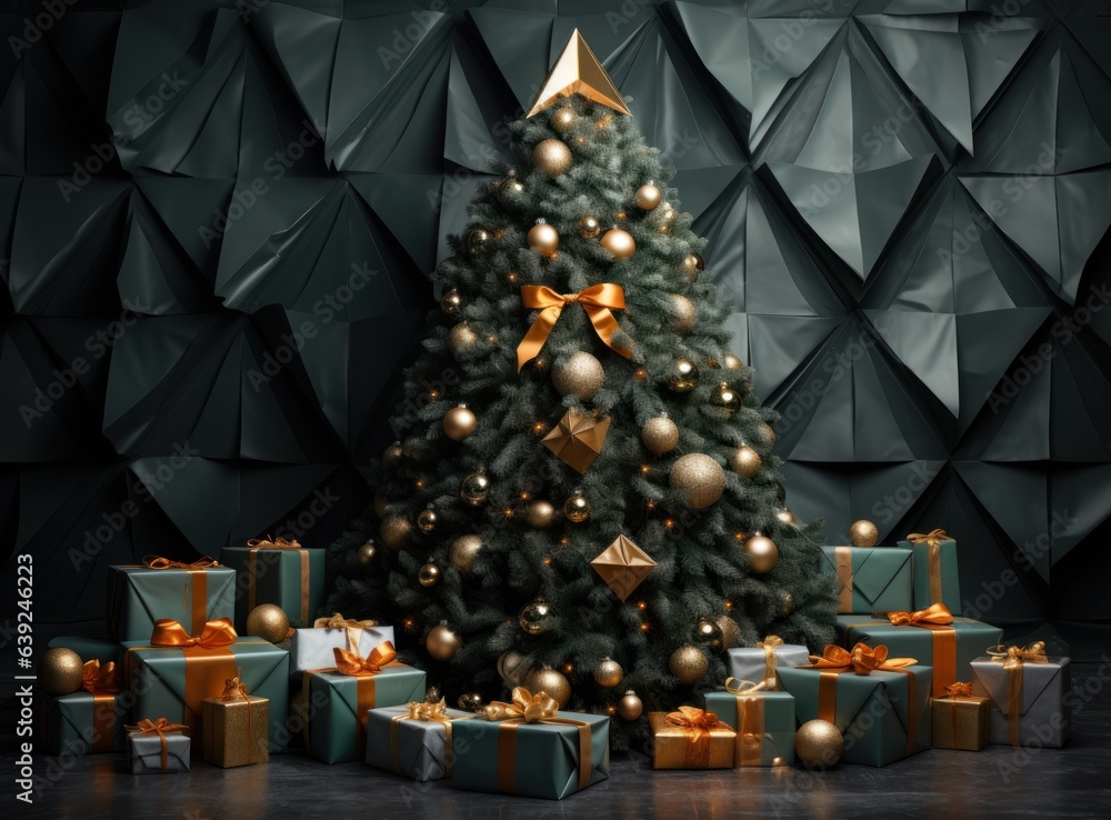 Christmas tree from green and gold gift boxes