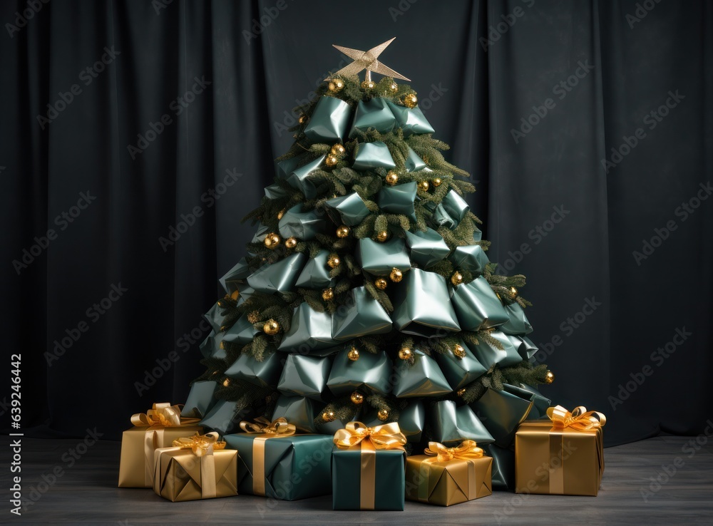 Christmas tree from green and gold gift boxes