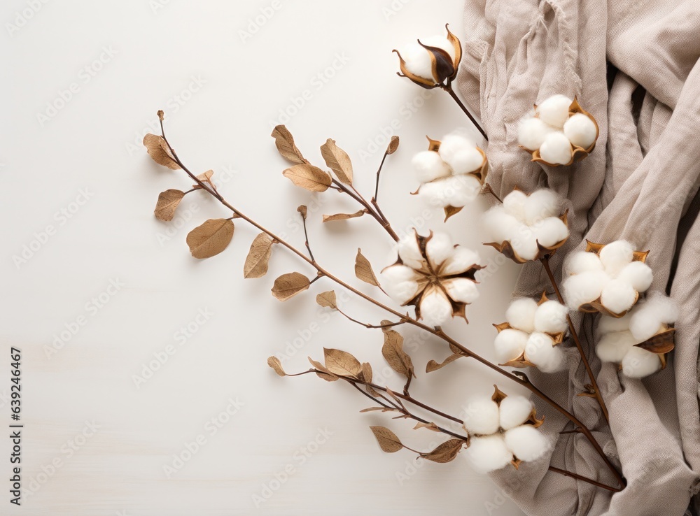 Cotton and leaves on white background flat lay style