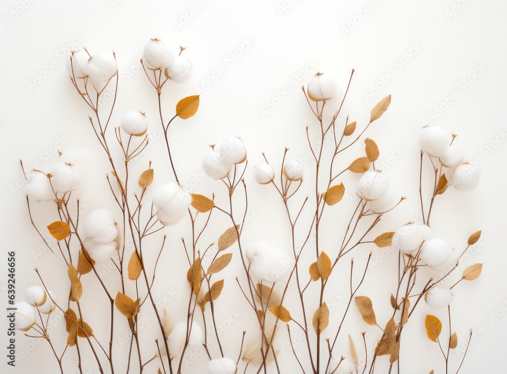 Cotton and leaves on white background flat lay style