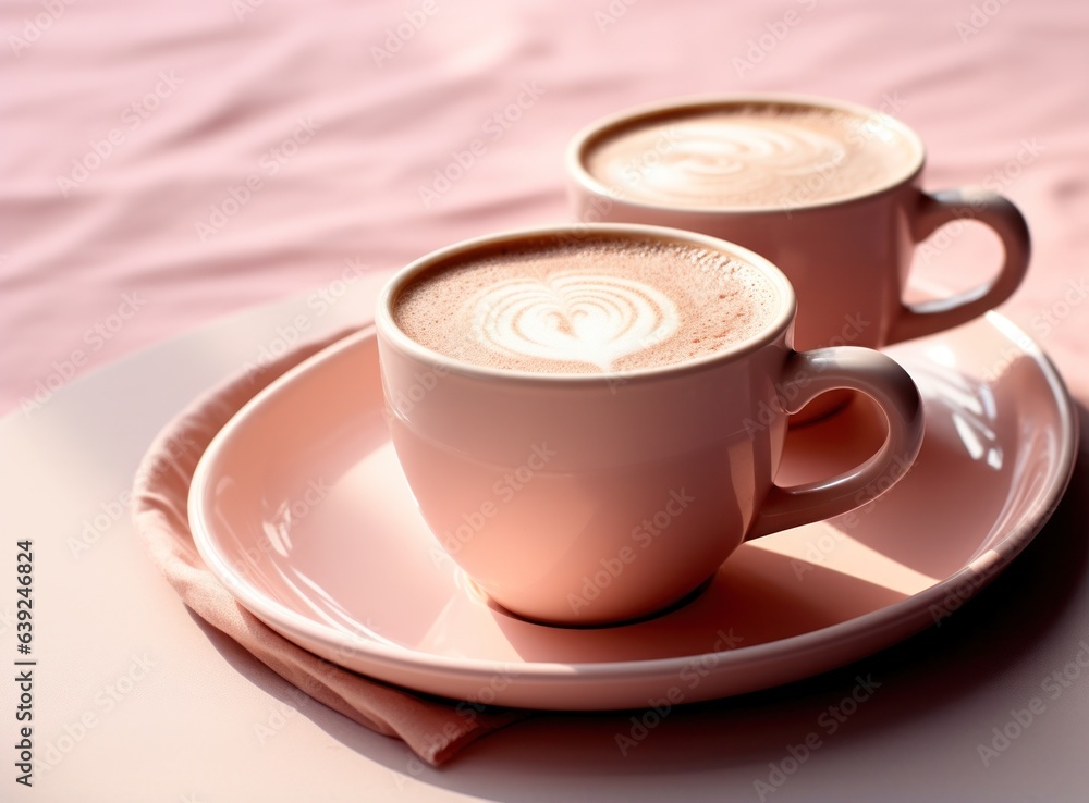 Pink pastel background with coffee cups