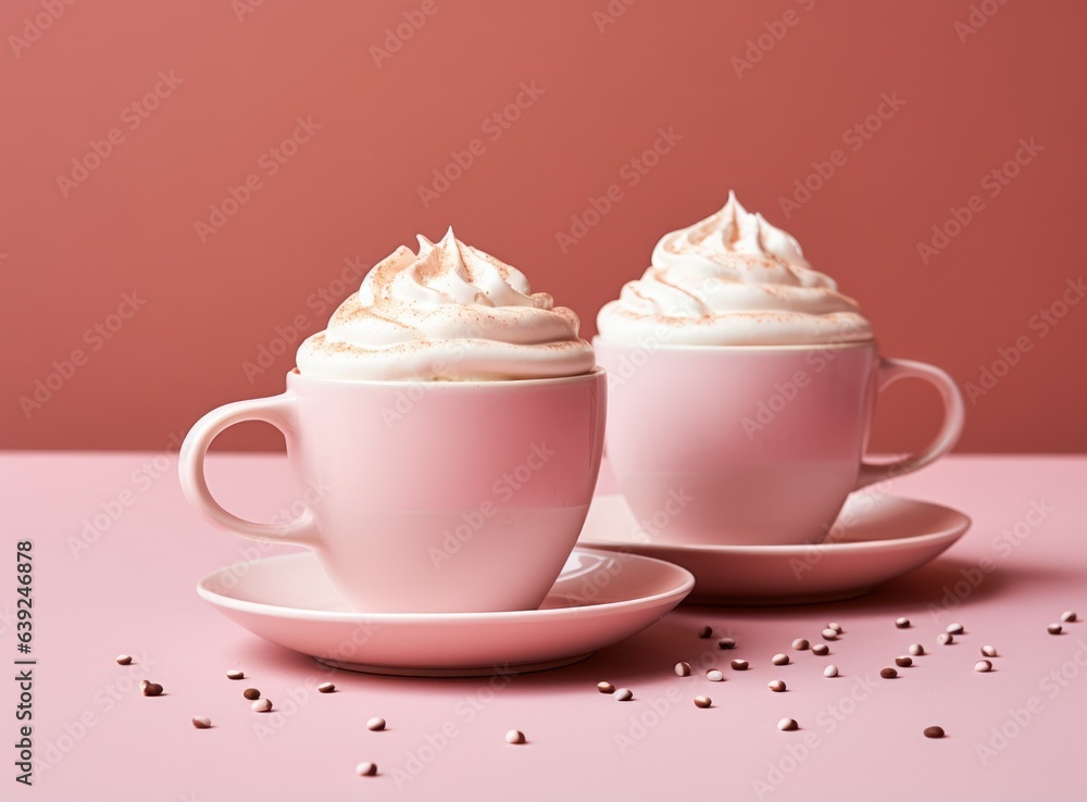 Pink pastel background with coffee cups