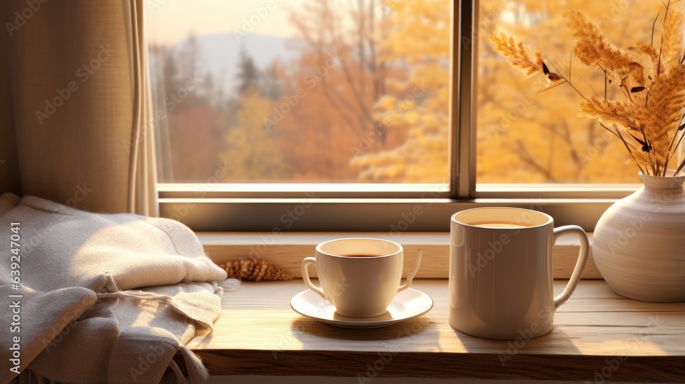 Autumn beige cozy background with cup of coffee