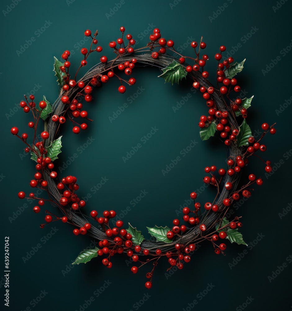 Holiday pine wreath on dark background