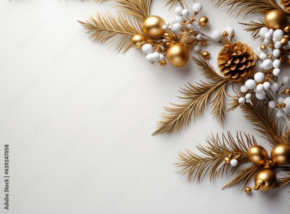 Spruce branches with gold and white ornaments on a white background