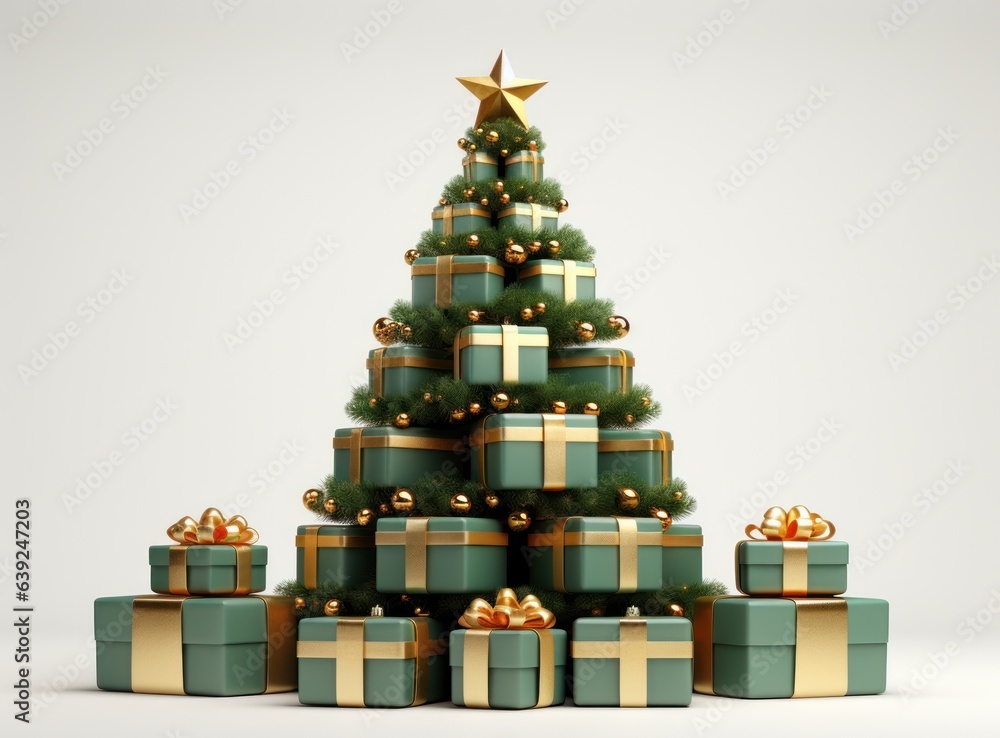 Christmas tree from green and gold gift boxes