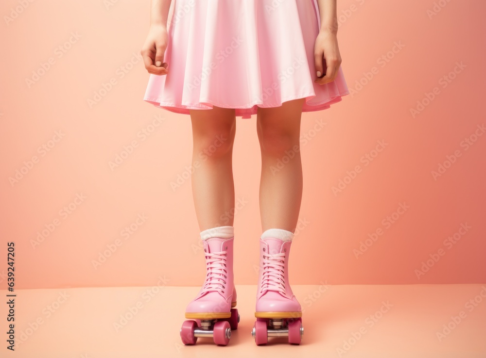 A woman standing in a pink skateboard with a pair of light pink rollerskates