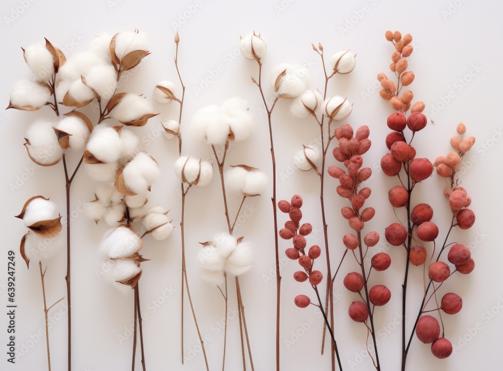 Cotton and leaves on white background flat lay style