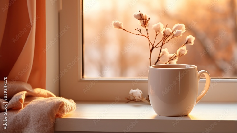 A warm cup of coffee is sitting on the window sill, in the style of warm color palette