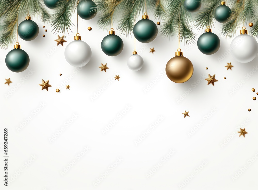 A snow background with christmas balls and cones