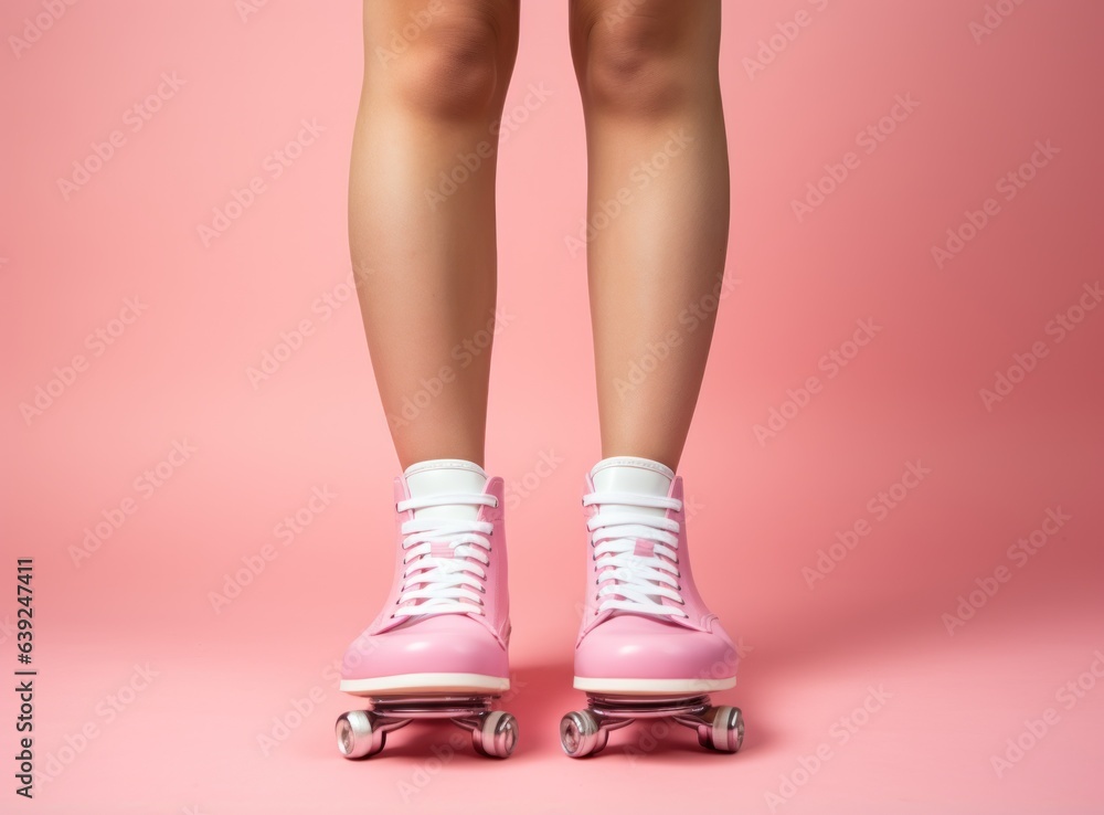 A woman standing in a pink skateboard with a pair of light pink rollerskates