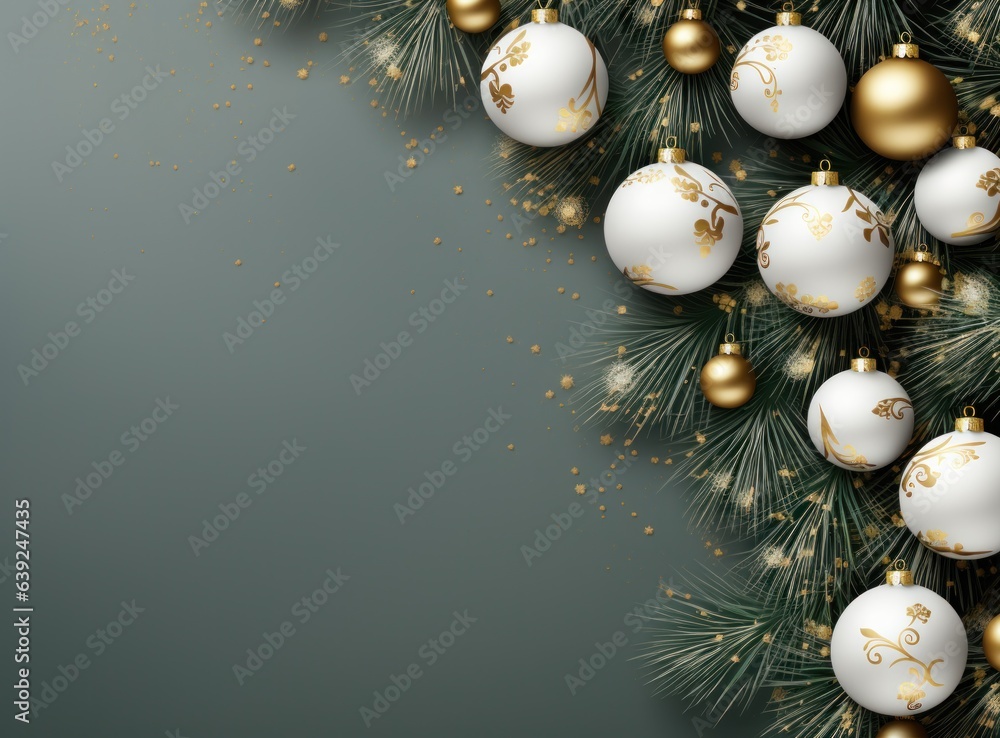 A snow background with christmas balls and cones