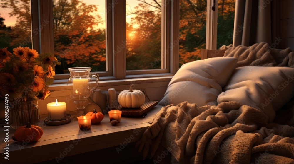 A view of a windowsill shows coffees and pumpkins on a sofa