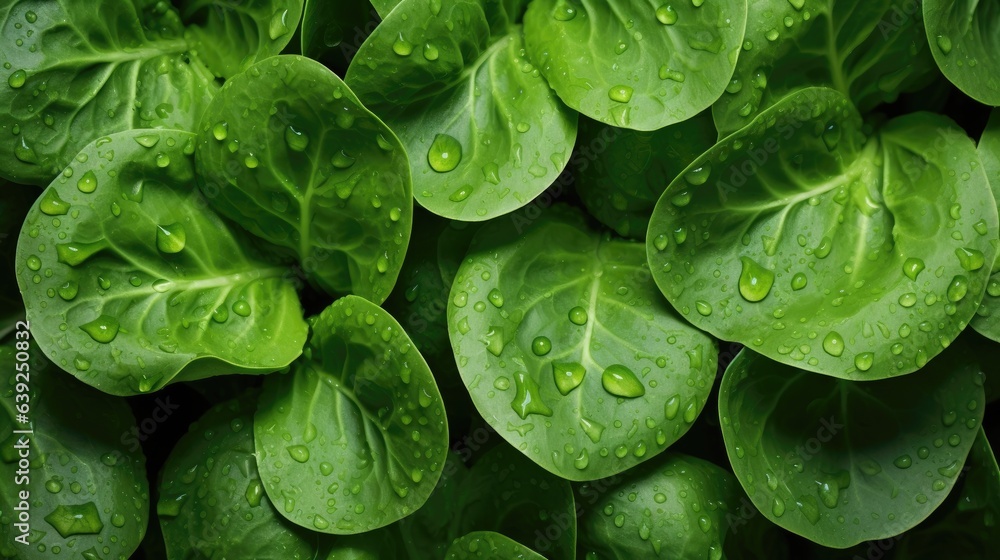 Green tatsoi close-up with waterdrops