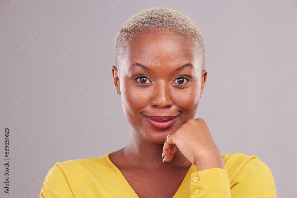 Beauty, happy and portrait of black woman in a studio with makeup, cosmetic and face routine. Cosmet